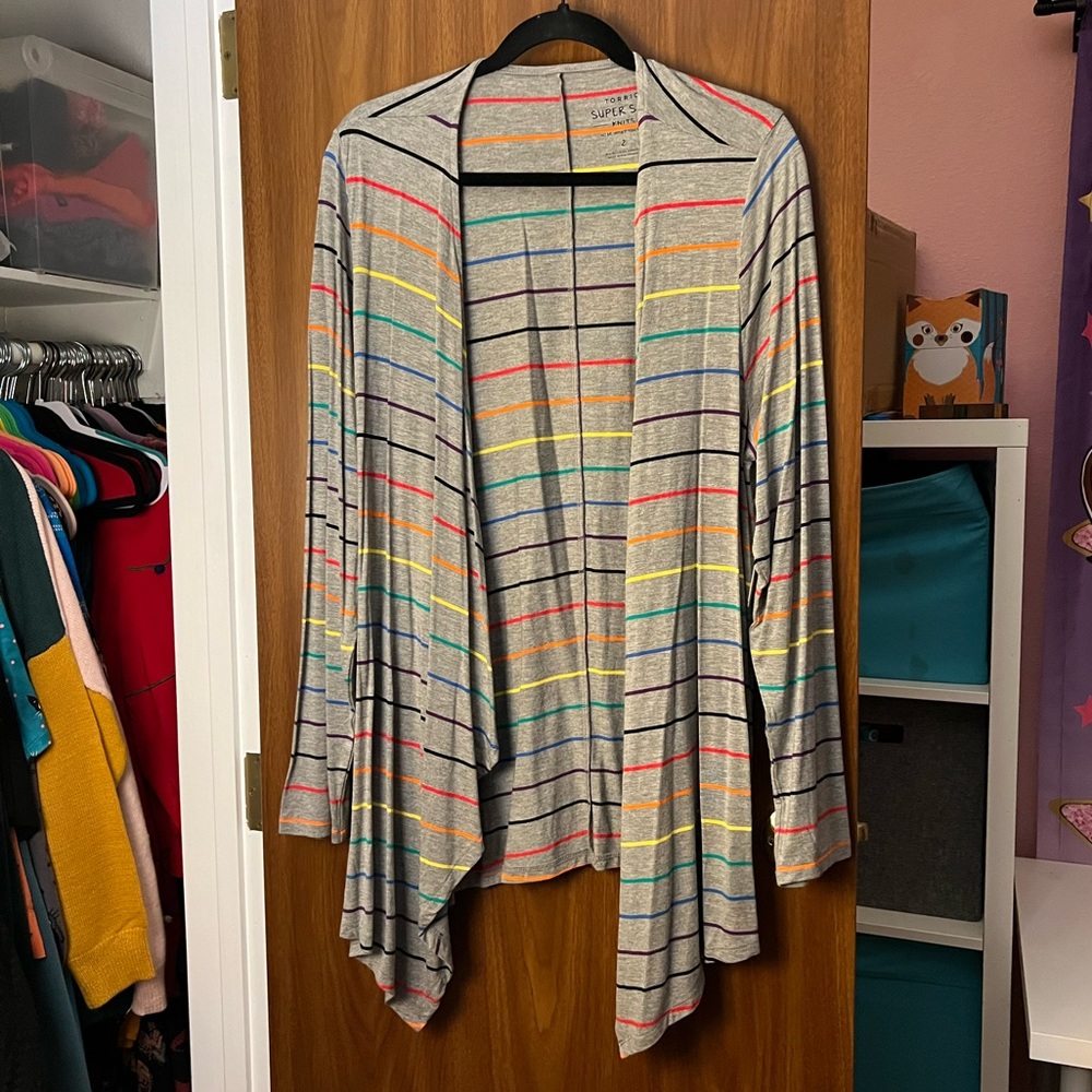 Torrid gray super soft jersey cardigan with rainbow stripe, size 2, NWT